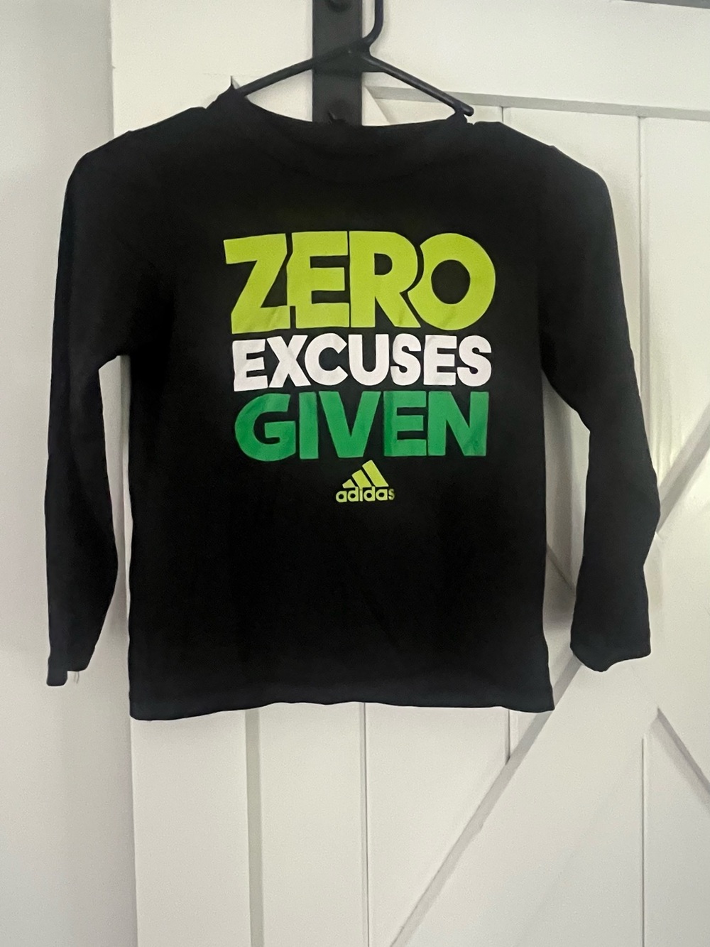 adidas Black Long Sleeve Tee with Bold Green & White Slogan
